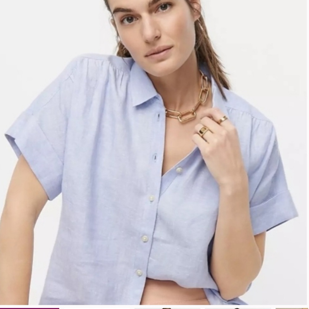 J. Crew Relaxed Fit Blue Linen Short Sleeve Blouse